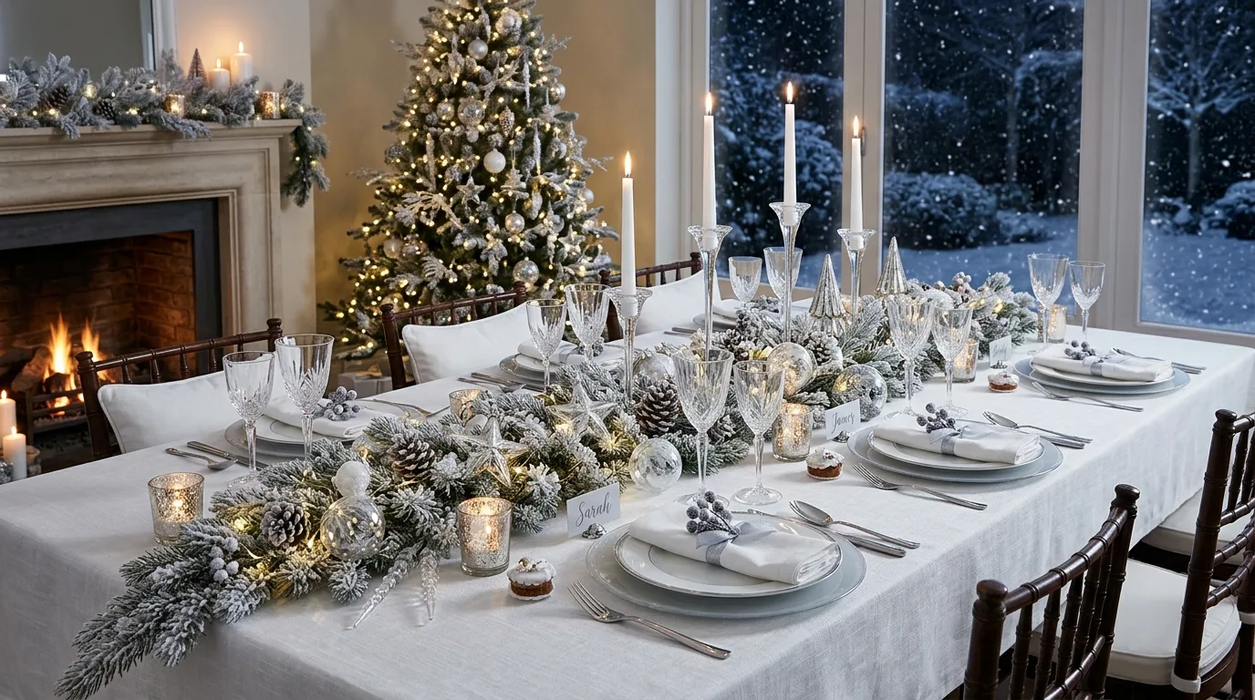 Snowy Christmas table setting with white decor and silver accents.